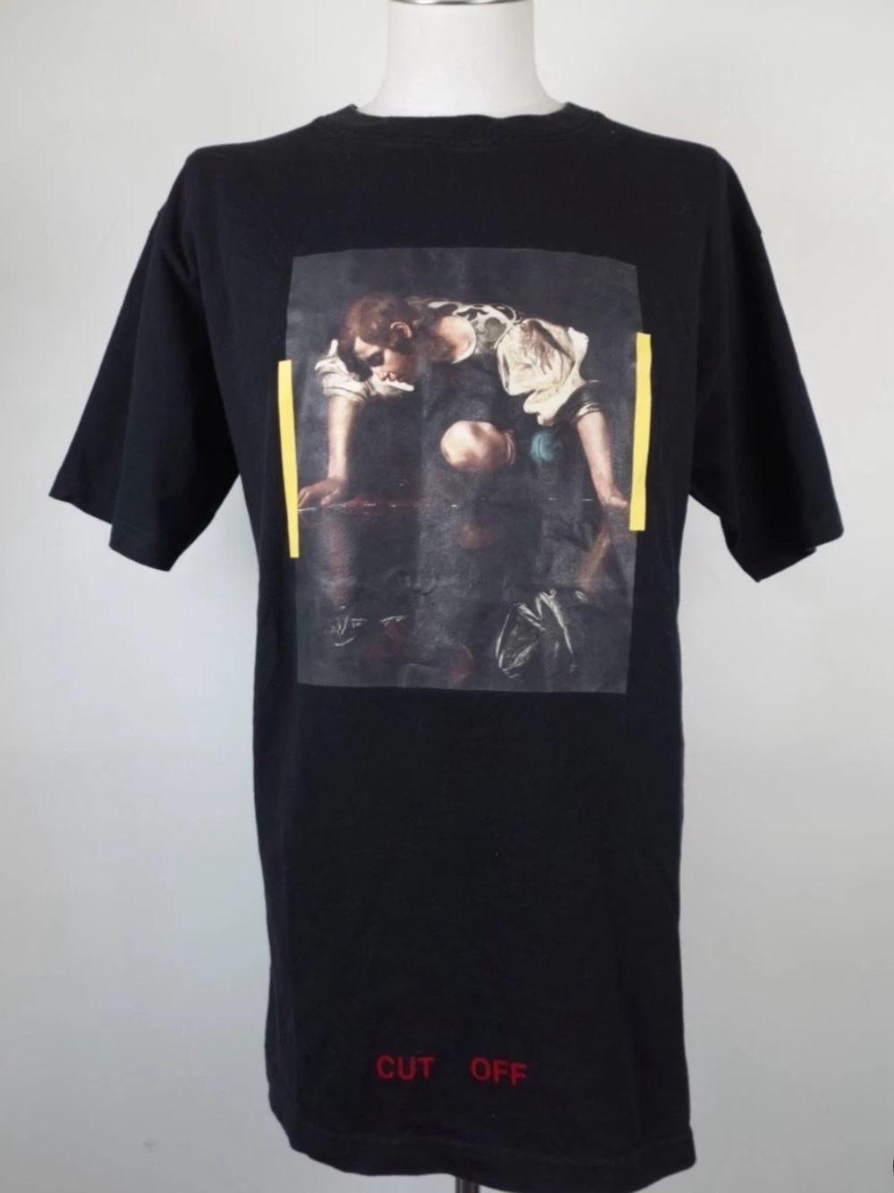 Off-White Black Short-Sleeve Graphic Tee with Yellow Accents